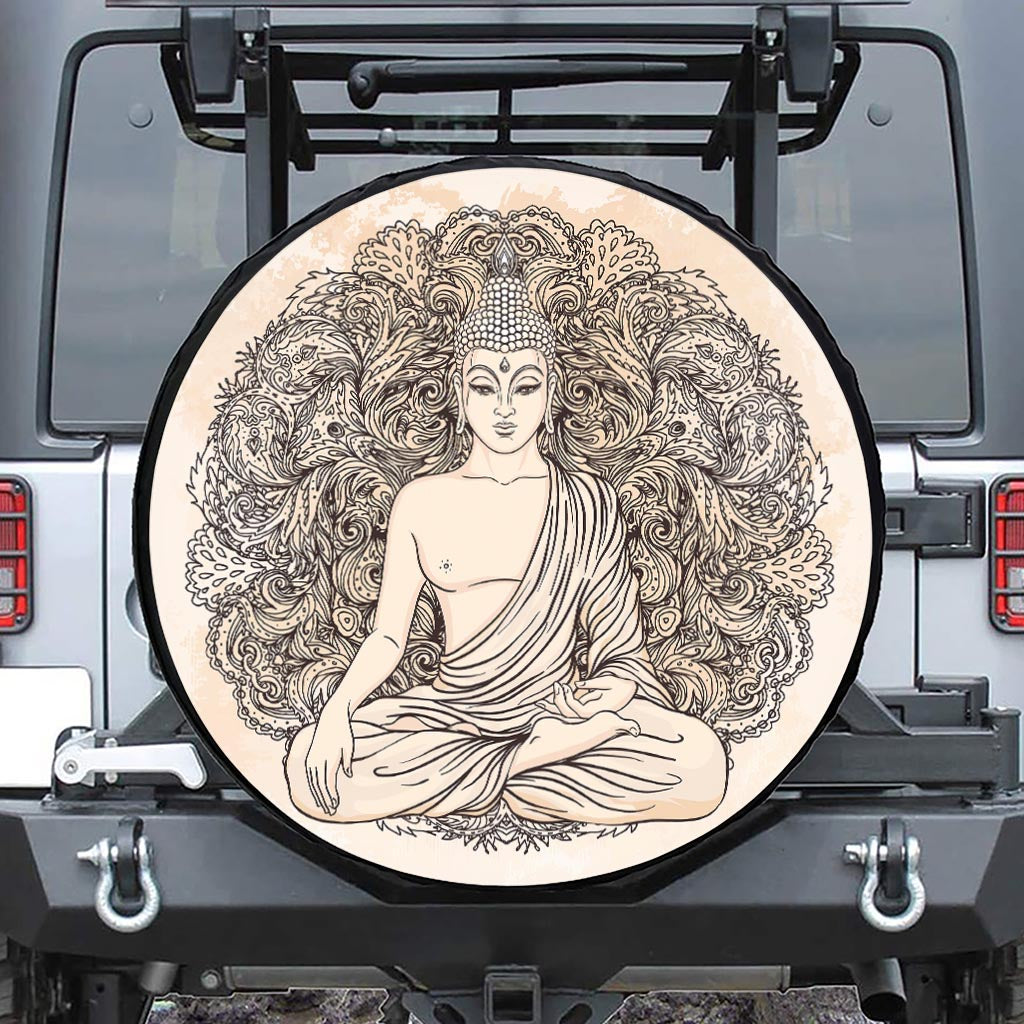Beige Buddha Mandala Print Tire Cover
