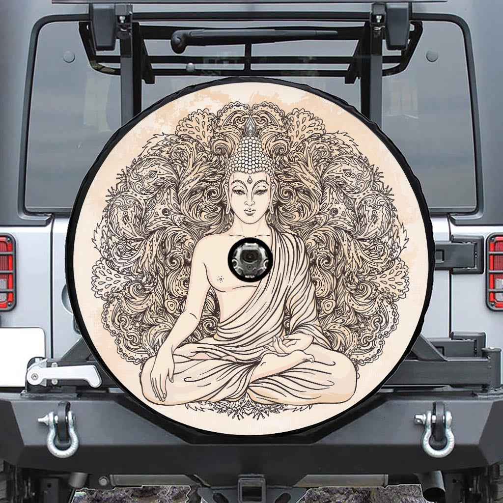 Beige Buddha Mandala Print Tire Cover With Camera Hole