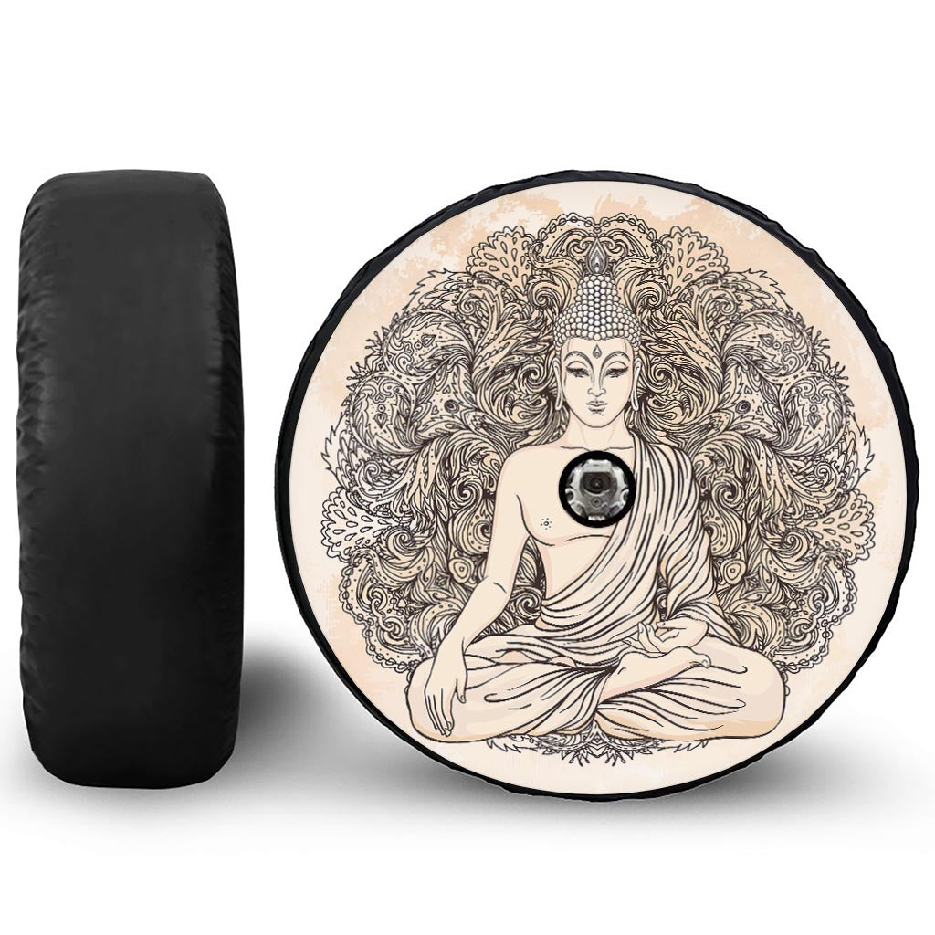 Beige Buddha Mandala Print Tire Cover With Camera Hole