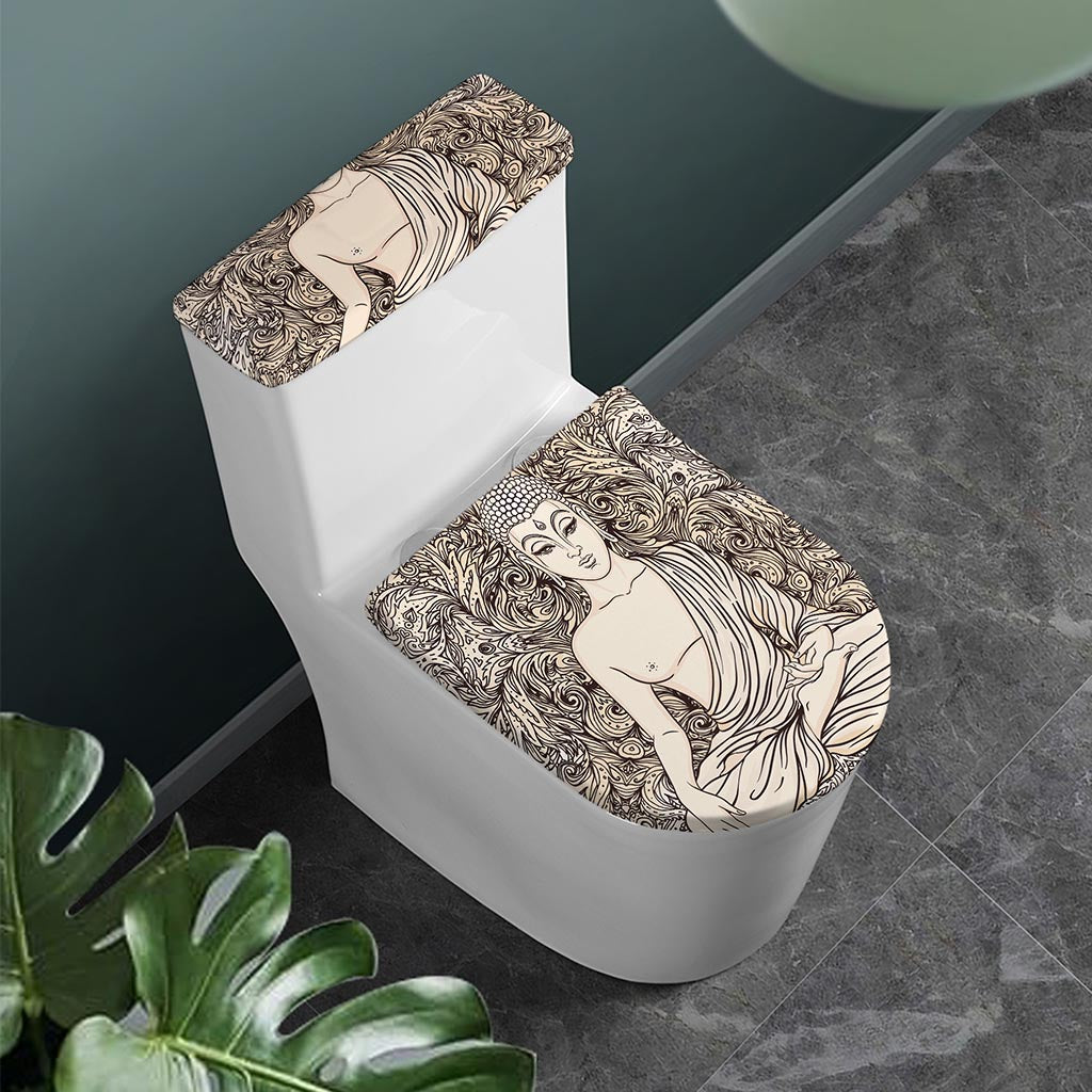 Beige Buddha Mandala Print Toilet Lid And Tank Cover Set