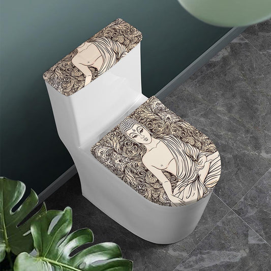 Beige Buddha Mandala Print Toilet Lid And Tank Cover Set