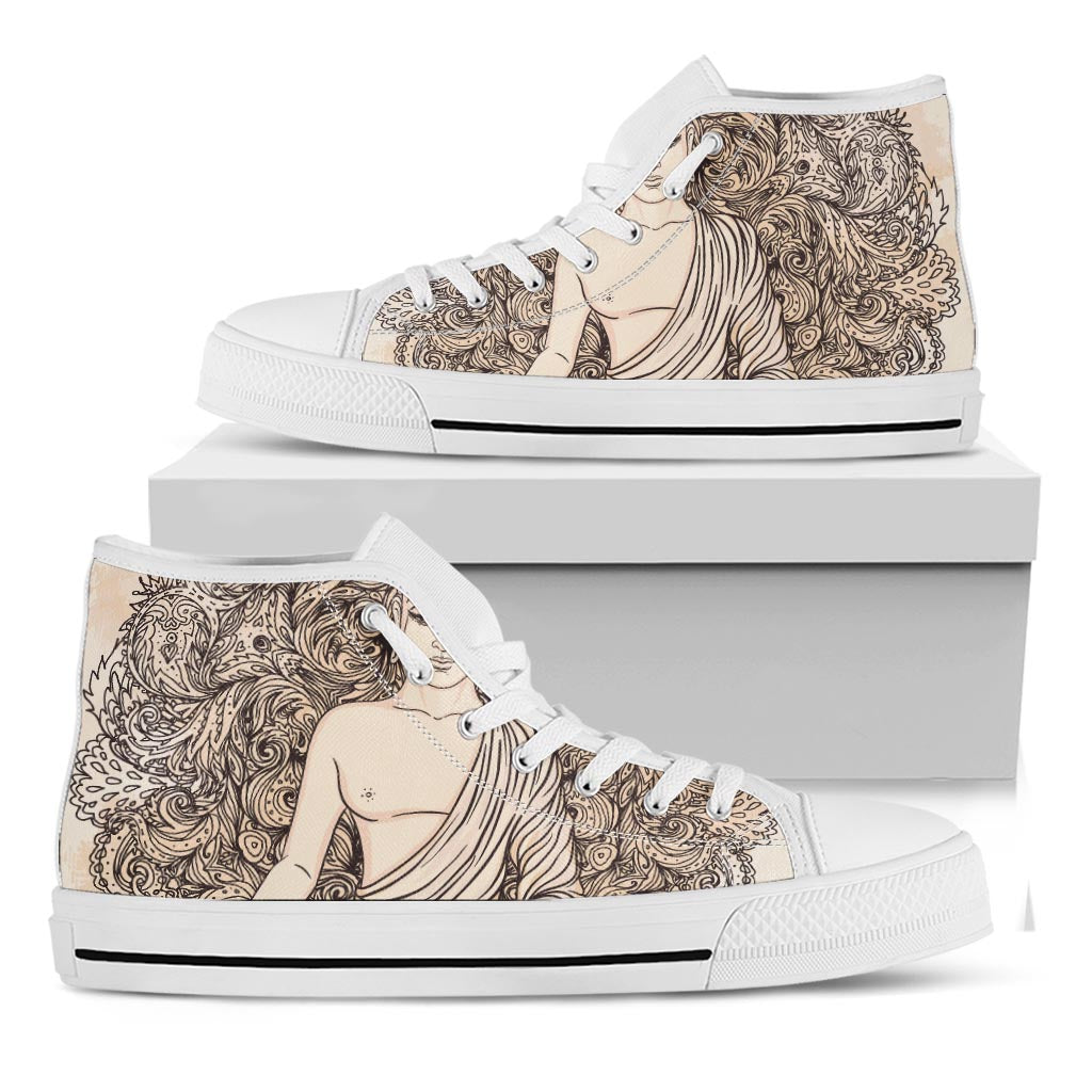 Beige Buddha Mandala Print White High Top Sneakers