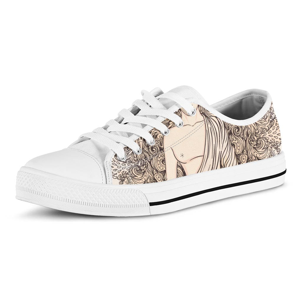 Beige Buddha Mandala Print White Low Top Sneakers