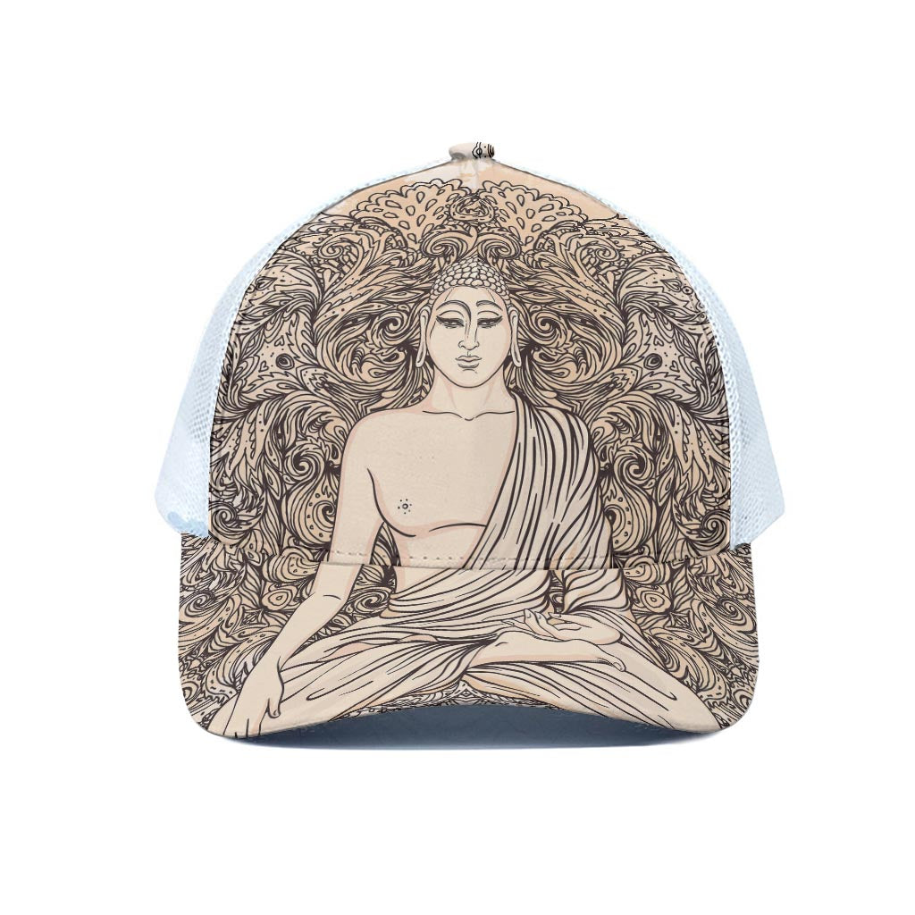 Beige Buddha Mandala Print White Mesh Trucker Cap