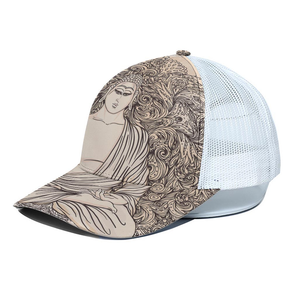 Beige Buddha Mandala Print White Mesh Trucker Cap