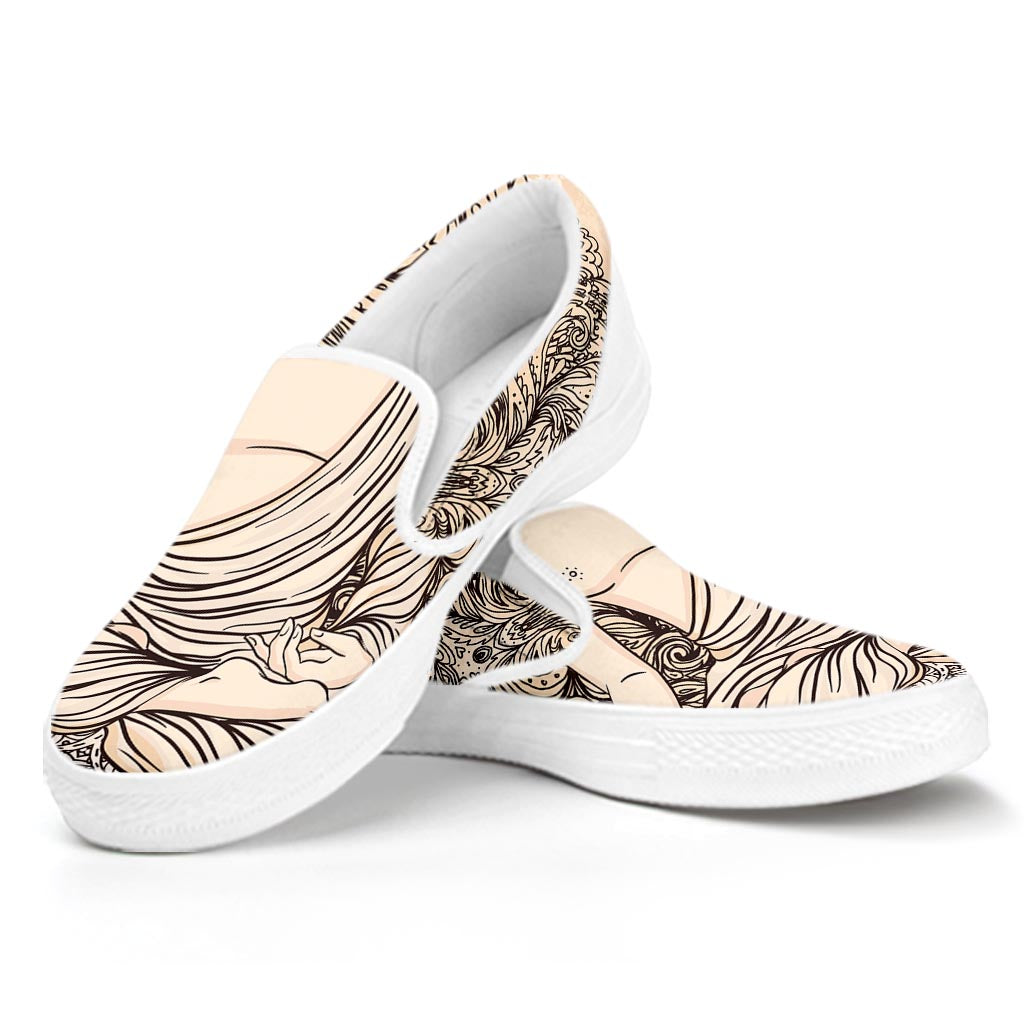 Beige Buddha Mandala Print White Slip On Sneakers