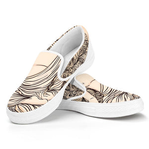 Beige Buddha Mandala Print White Slip On Sneakers