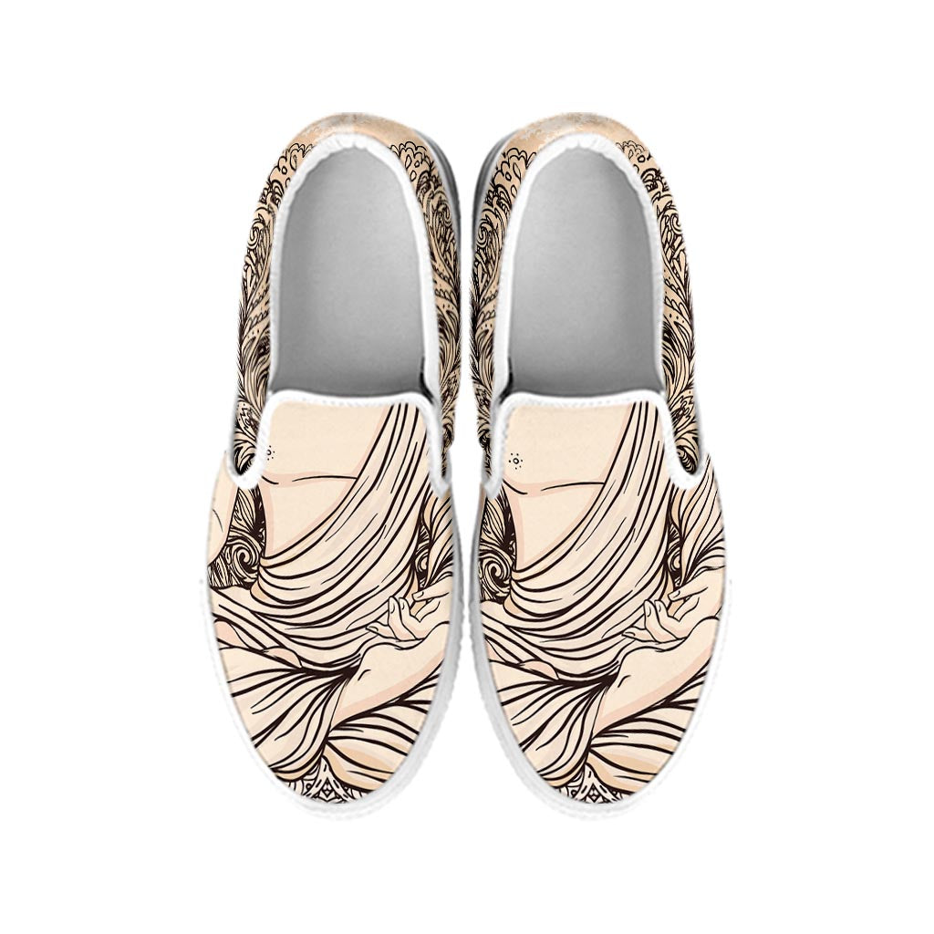 Beige Buddha Mandala Print White Slip On Sneakers