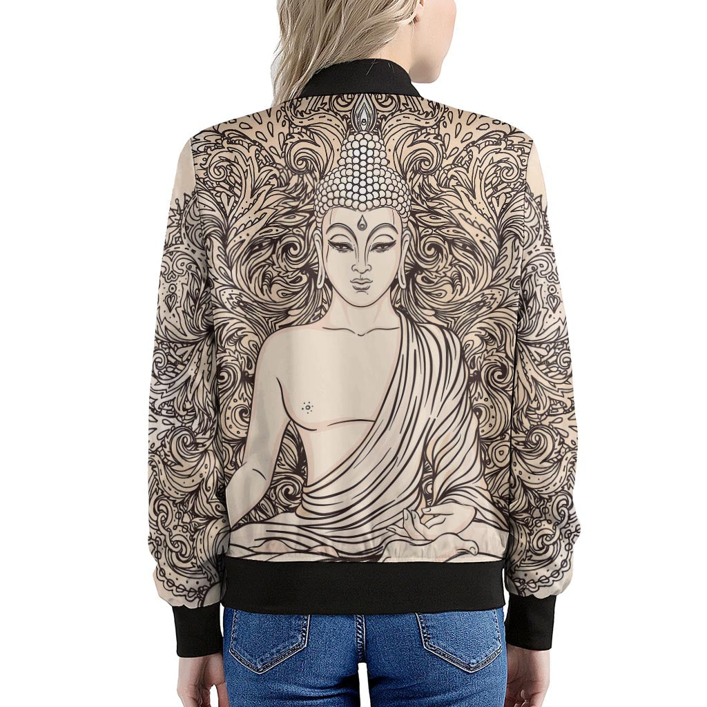 Beige Buddha Mandala Print Women's Bomber Jacket