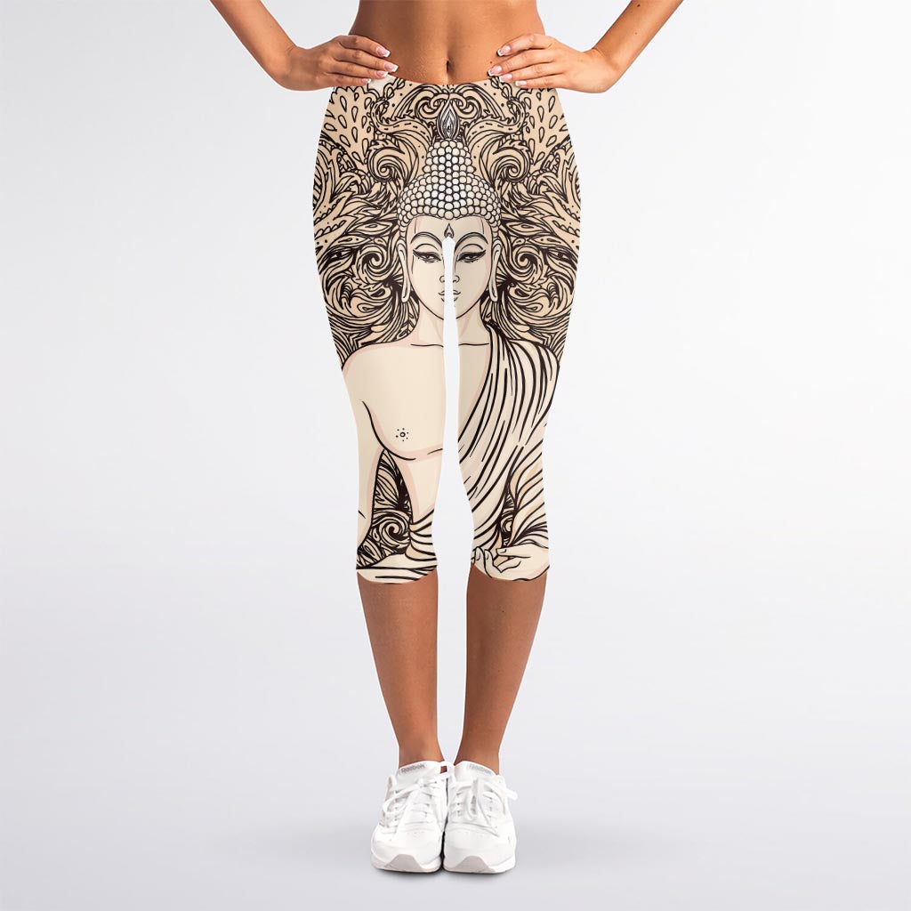 Beige Buddha Mandala Print Women's Capri Leggings