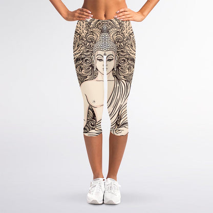 Beige Buddha Mandala Print Women's Capri Leggings