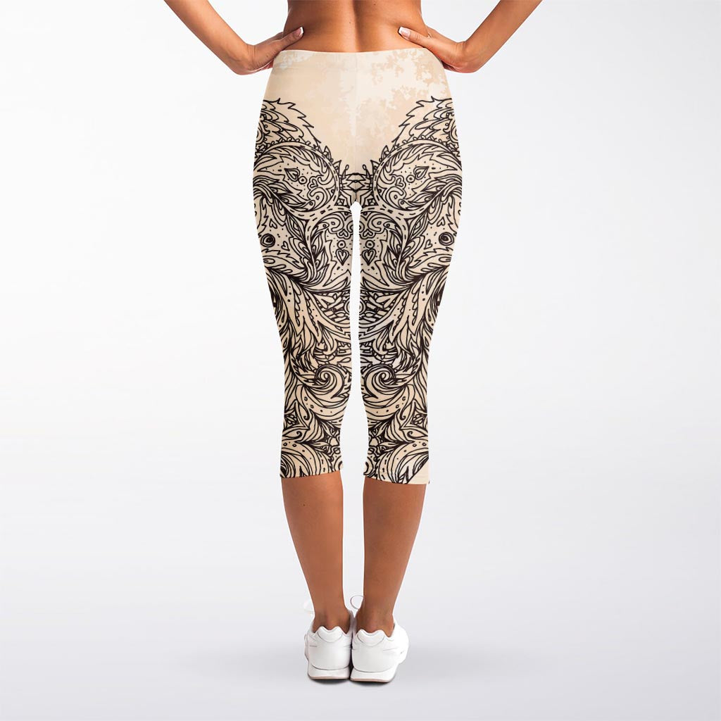 Beige Buddha Mandala Print Women's Capri Leggings