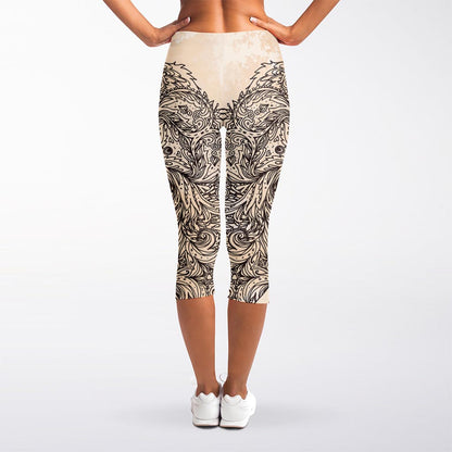 Beige Buddha Mandala Print Women's Capri Leggings