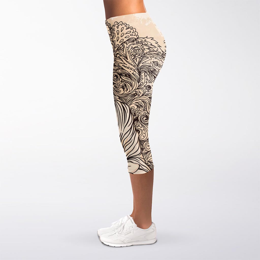 Beige Buddha Mandala Print Women's Capri Leggings