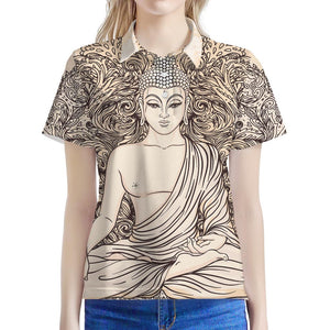 Beige Buddha Mandala Print Women's Polo Shirt