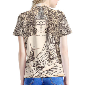 Beige Buddha Mandala Print Women's Polo Shirt