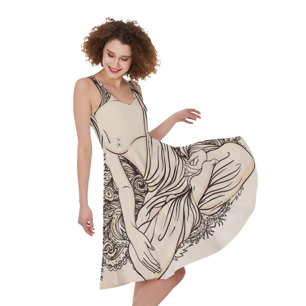 Beige Buddha Mandala Print Women's Sleeveless Dress