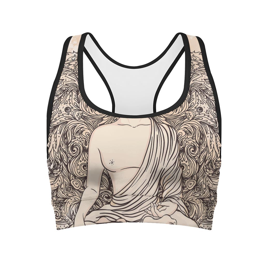 Beige Buddha Mandala Print Women's Sports Bra