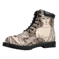 Beige Buddha Mandala Print Padded Collar Lace Up Boots