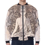 Beige Buddha Mandala Print Zip Sleeve Bomber Jacket