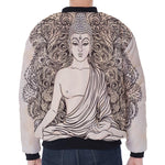 Beige Buddha Mandala Print Zip Sleeve Bomber Jacket