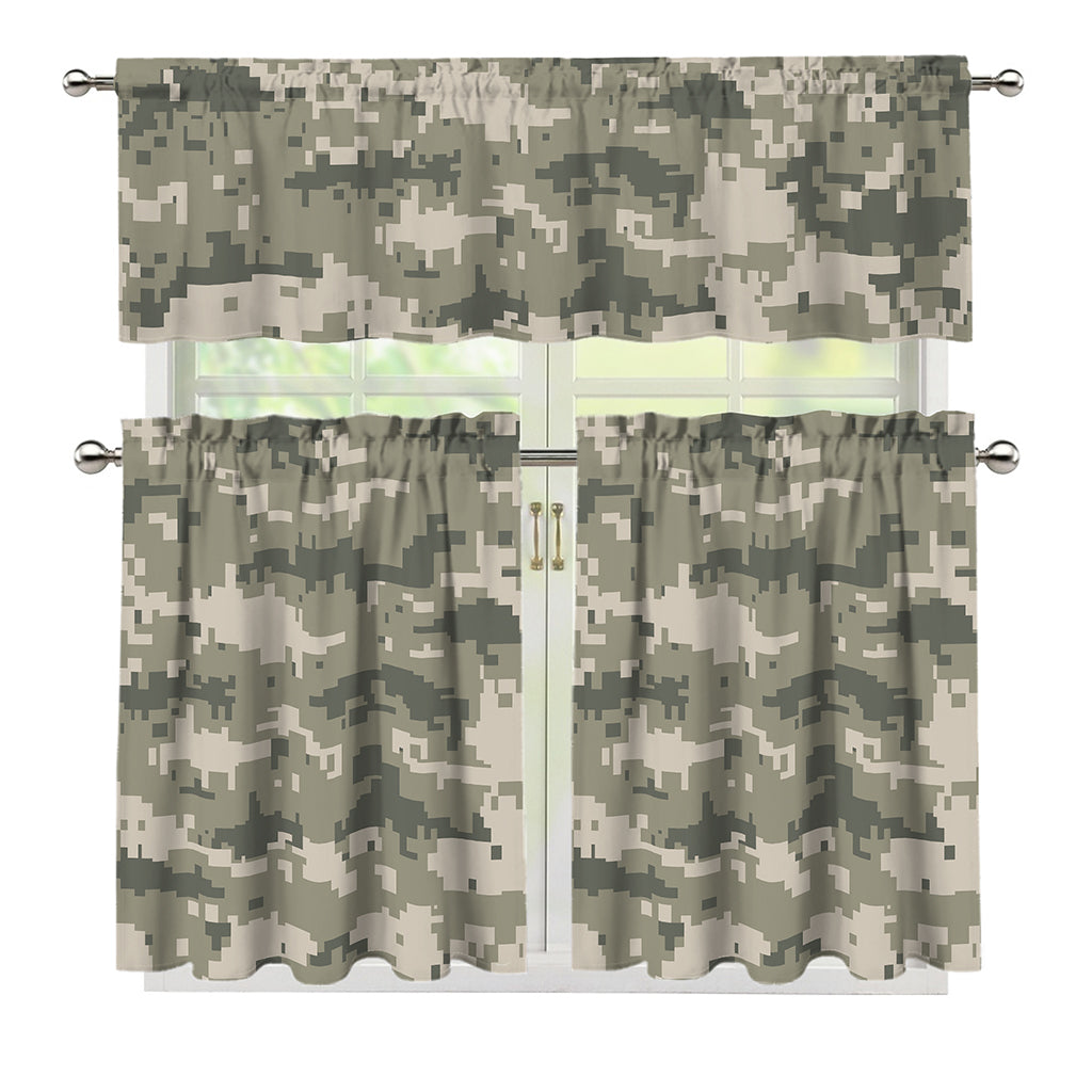Beige Digital Camo Pattern Print 3 Piece Kitchen Curtains