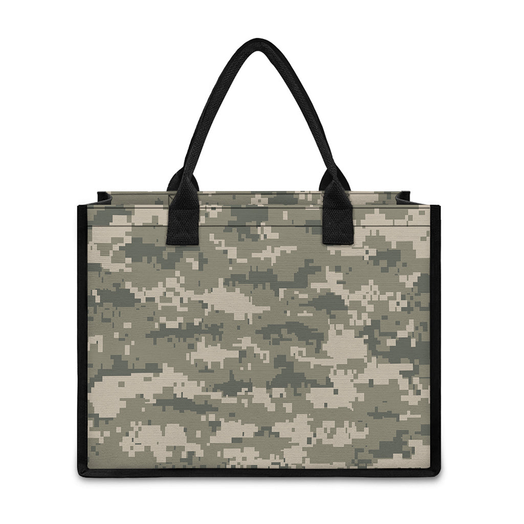 Beige Digital Camo Pattern Print Canvas Tote Bag