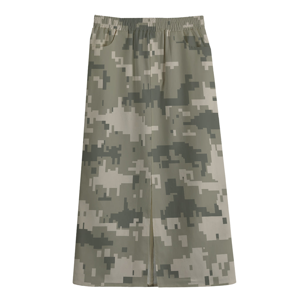 Beige Digital Camo Pattern Print Cotton Front Slit Maxi Skirt