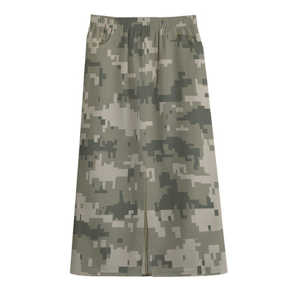Beige Digital Camo Pattern Print Cotton Front Slit Maxi Skirt