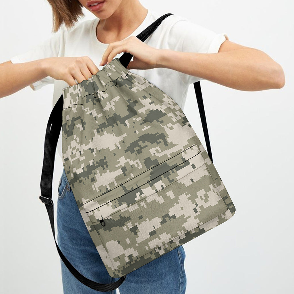 Beige Digital Camo Pattern Print Drawstring Backpack