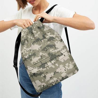 Beige Digital Camo Pattern Print Drawstring Backpack