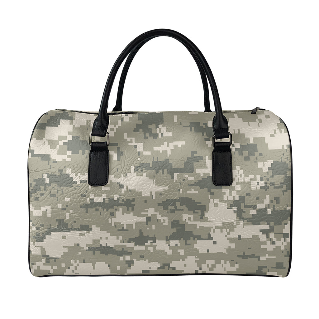 Beige Digital Camo Pattern Print Leather Duffle Bag