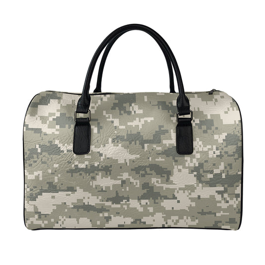 Beige Digital Camo Pattern Print Leather Duffle Bag