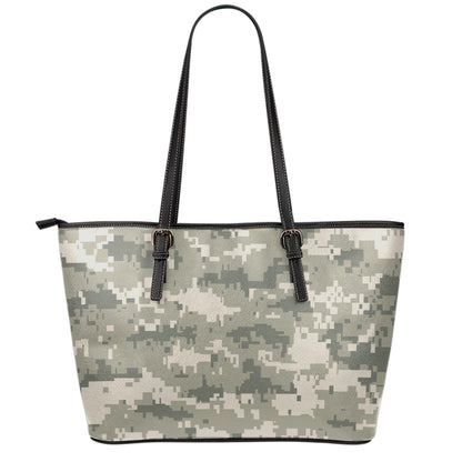 Beige Digital Camo Pattern Print Leather Tote Bag