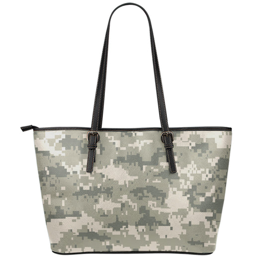 Beige Digital Camo Pattern Print Leather Tote Bag