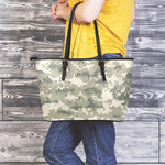 Beige Digital Camo Pattern Print Leather Tote Bag