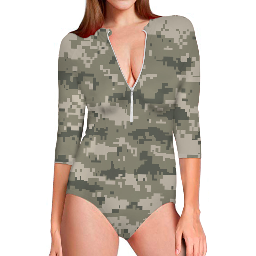 Beige Digital Camo Pattern Print Long Sleeve Swimsuit