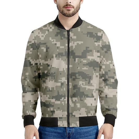 Beige Digital Camo Pattern Print Men's Bomber Jacket