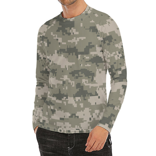 Beige Digital Camo Pattern Print Men's Long Sleeve Rash Guard