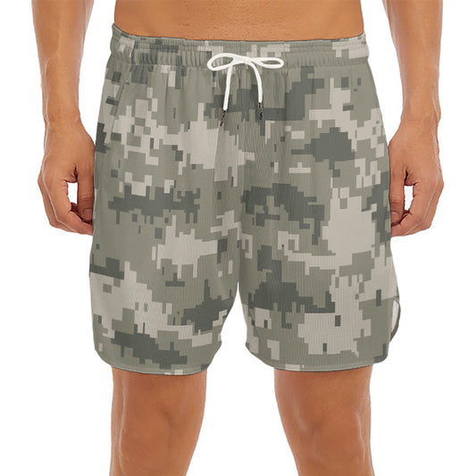 Beige Digital Camo Pattern Print Men's Split Running Shorts