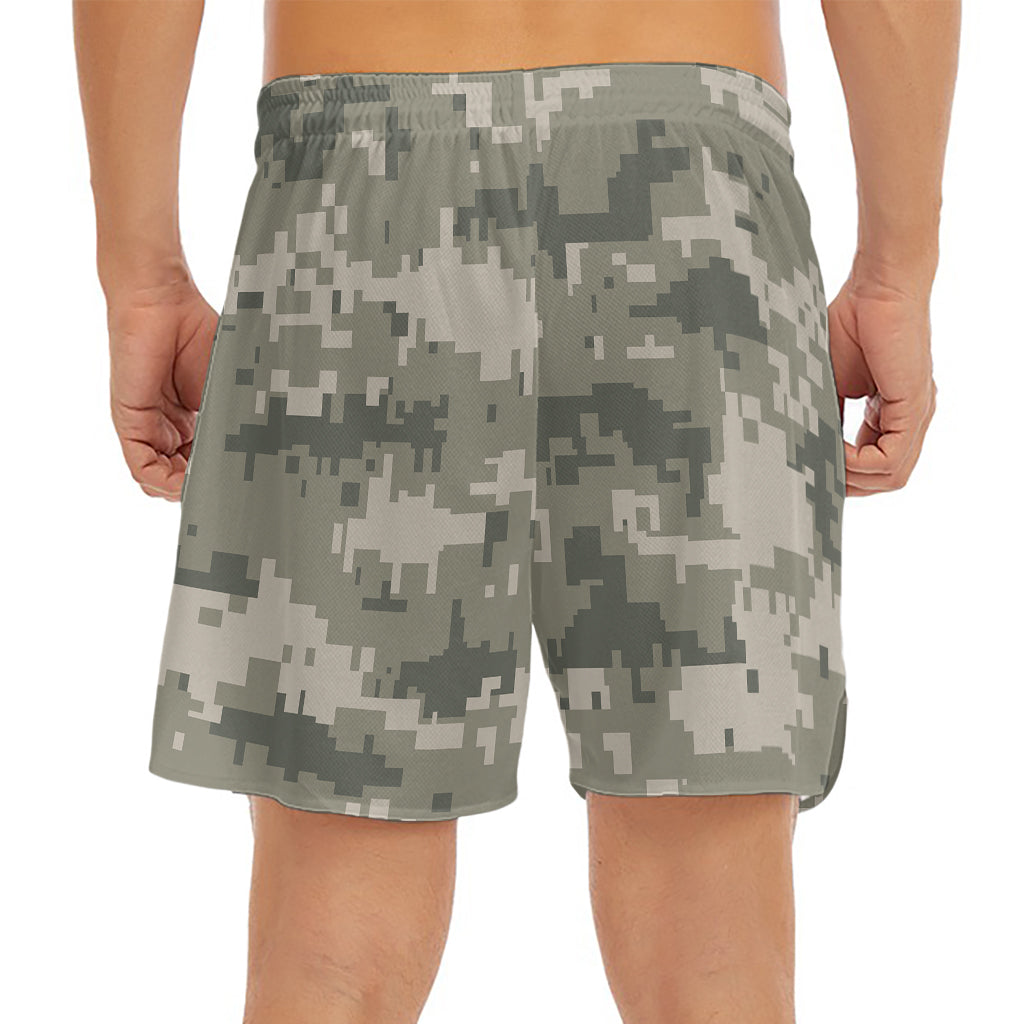 Beige Digital Camo Pattern Print Men's Split Running Shorts