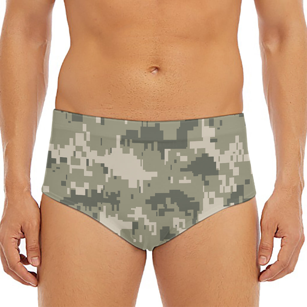 Beige Digital Camo Pattern Print Men's Triangle Swim Briefs
