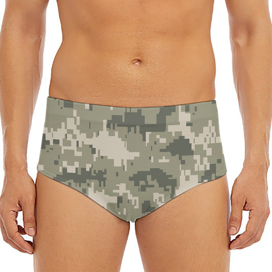 Beige Digital Camo Pattern Print Men's Triangle Swim Briefs