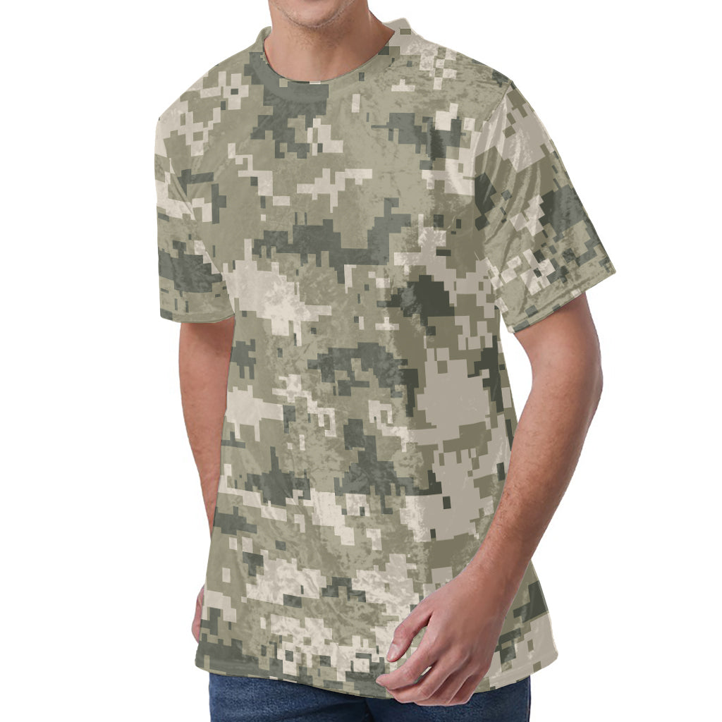 Beige Digital Camo Pattern Print Men's Velvet T-Shirt