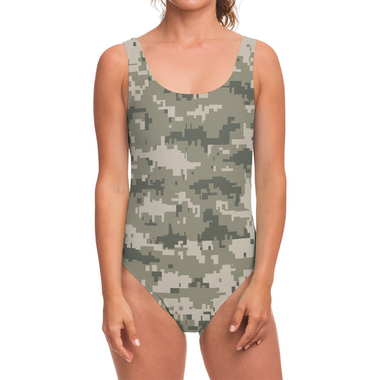Beige Digital Camo Pattern Print One Piece Swimsuit