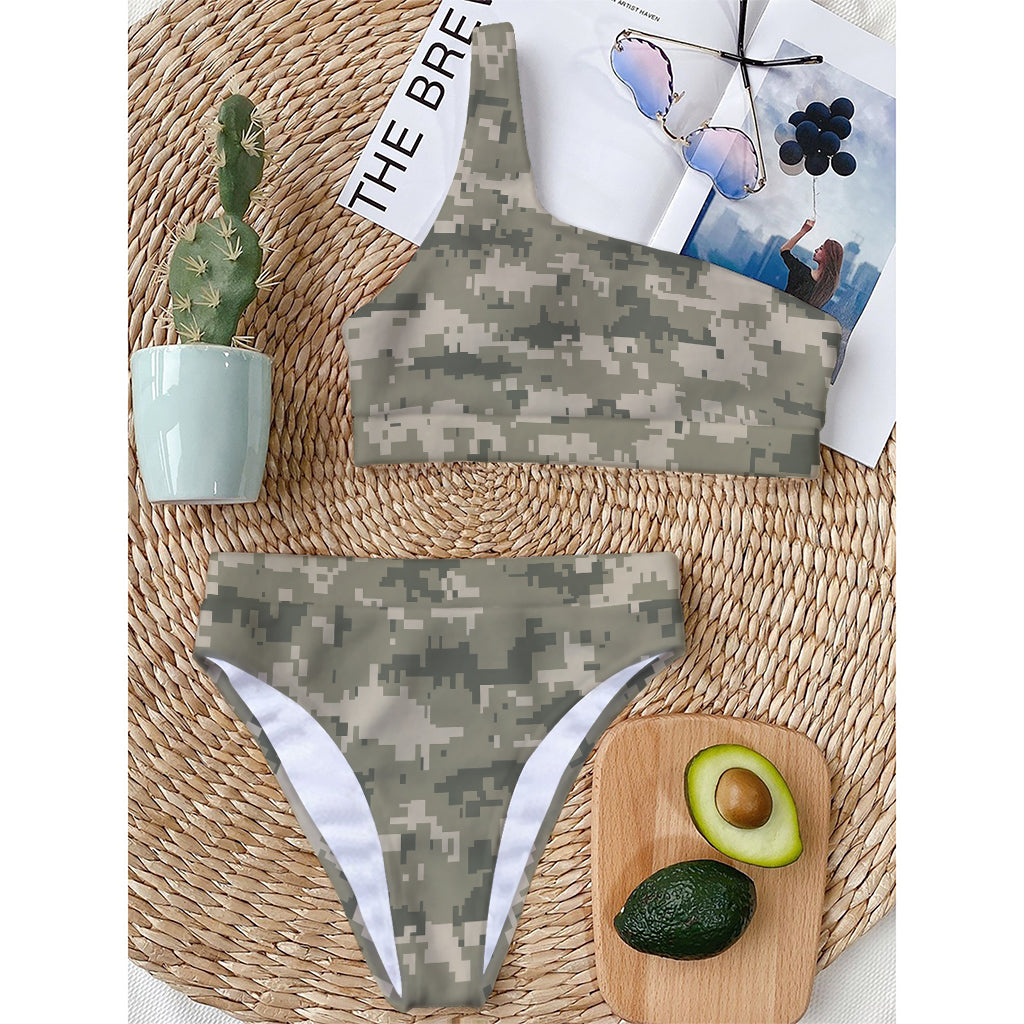 Beige Digital Camo Pattern Print One Shoulder Bikini Top