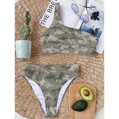 Beige Digital Camo Pattern Print One Shoulder Bikini Top