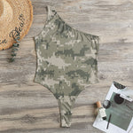 Beige Digital Camo Pattern Print One Shoulder Bodysuit