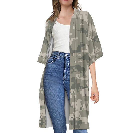 Beige Digital Camo Pattern Print Open Front Beach Cover Up
