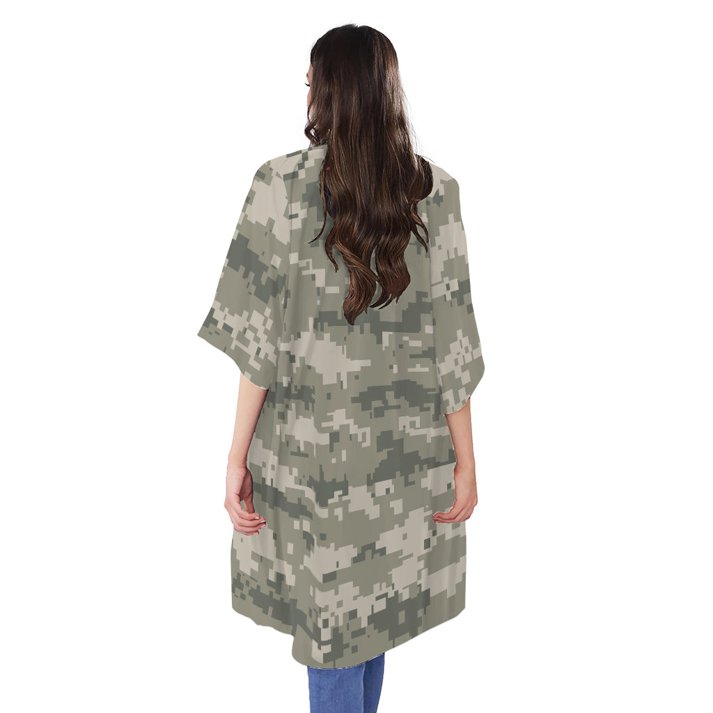 Beige Digital Camo Pattern Print Open Front Beach Cover Up